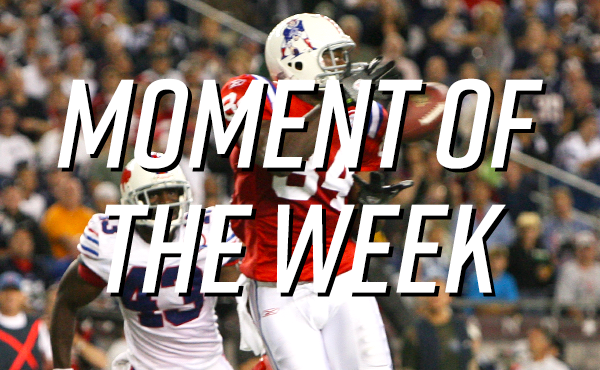 13 November 2008. Patriot Quarterback Matt Cassel (16) tossed this one on  the run into the end zone for a fourth quarter touchdown to Wide Receiver  Randy Moss with one second left